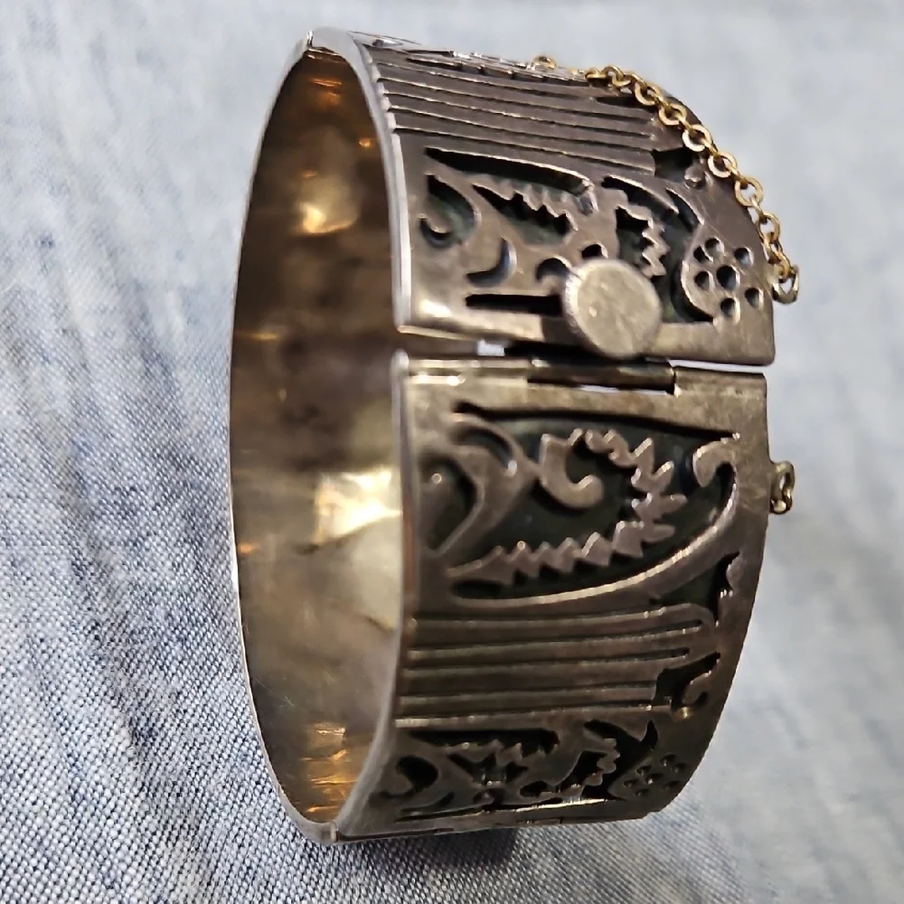Vintage Taxo Mexico Artisan Silver Floral Hinged Bracelet Bangel Cuff - Picture 8 of 17